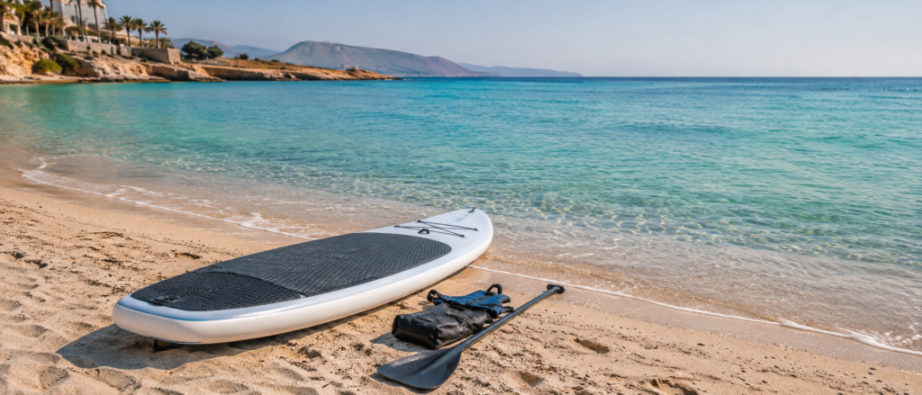 SUP-доска на песчаном пляже у бирюзового моря в Валенсии для аренды и прогулок на воде