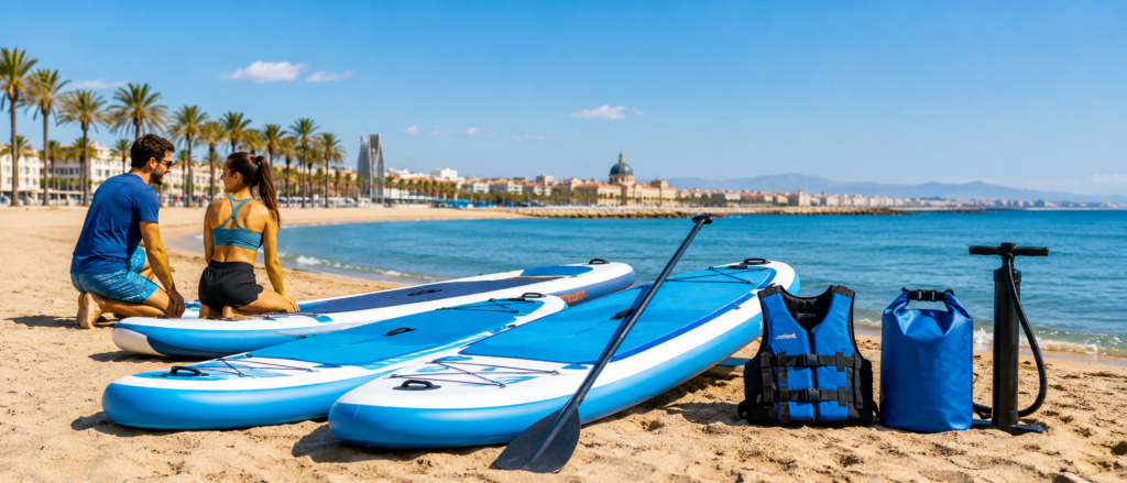Аренда SUP-досок в Valencia с веслом, жилетом, насосом и гермомешком на пляже