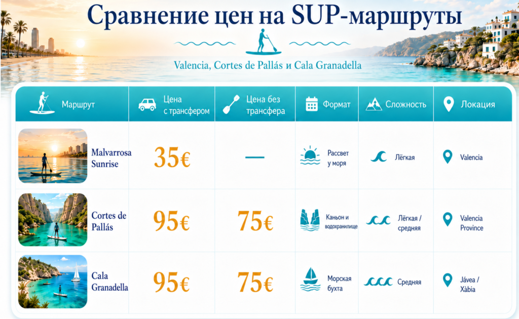 Сравнение цен на SUP-маршруты в Valencia, Cortes de Pallás и Cala Granadella с трансфером и без трансфера