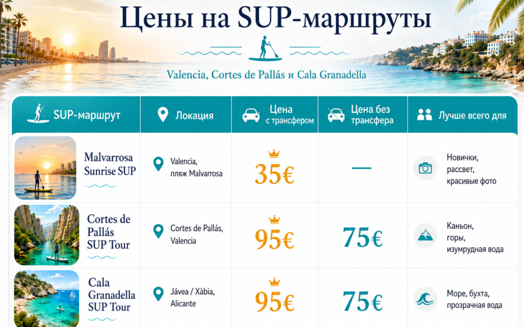 Таблица цен на SUP-маршруты в Valencia: Malvarrosa Sunrise SUP, Cortes de Pallás SUP Tour и Cala Granadella SUP Tour с ценами с трансфером и без трансфера