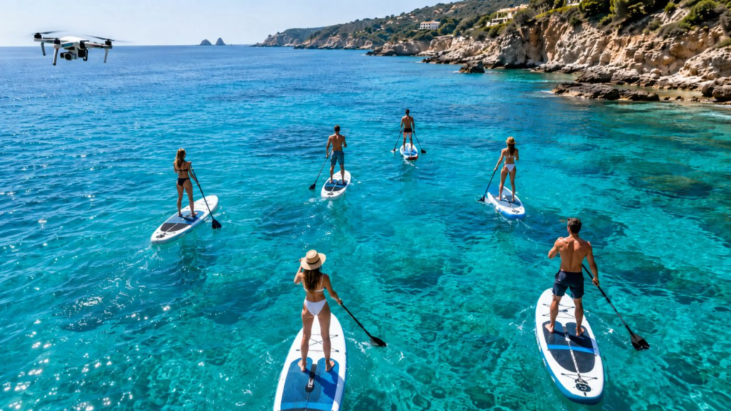 Группа молодых людей плывёт на SUP-досках по бирюзовому морю рядом с Valencia, а сверху их снимает дрон