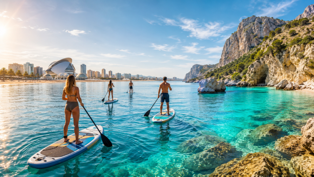 SUP-прогулка по морю между Valencia и Costa Blanca: люди катаются на сапбордах по прозрачной воде на фоне города, скал и бухты