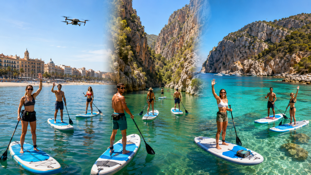 SUP-прогулки в Valencia, каньоне Cortes de Pallás и бухте Cala Granadella: группа людей катается на сапбордах у города, в каньоне и на море с дрон-съёмкой
