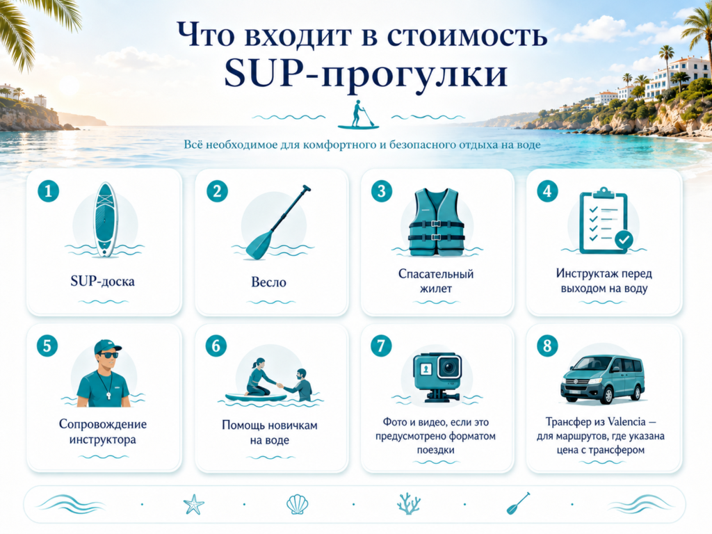 Инфографика о том, что входит в стоимость SUP-прогулки в Валенсии: доска, весло, жилет, инструктаж, инструктор, помощь новичкам, фото, видео и трансфер
